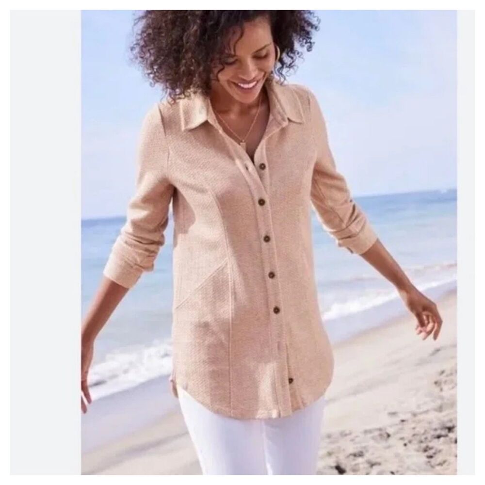 Soft Surroundings Gale Women's Light Pink Patterned Button Up Tunic Shirt Medium